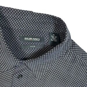 Murano Mens XL 100% Silk Navy Blue Micro Geometric Button Down Long Sleeve Shirt